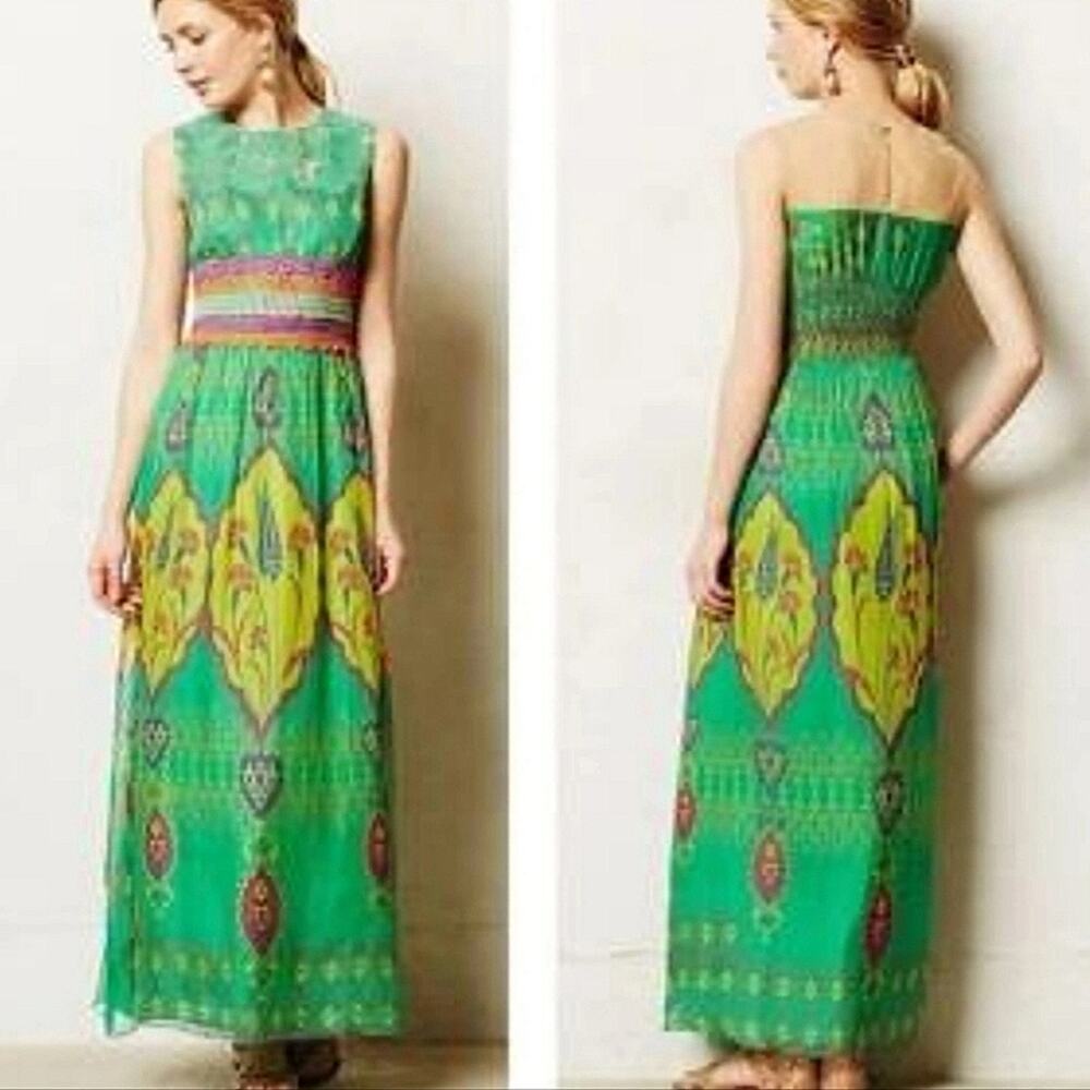 Anthropologie Hemant & Nandita silk sleevless green printed maxi dress 0